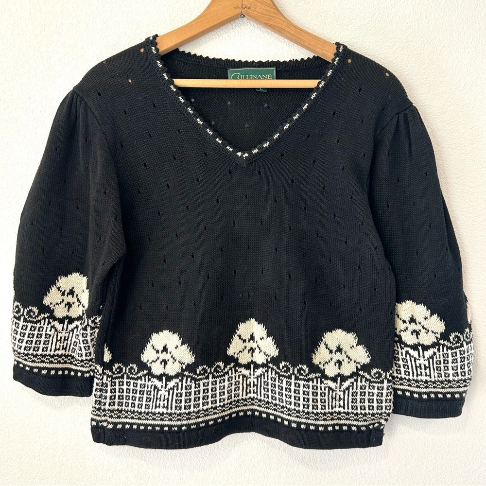 Cullinane Vintage 80s Black Floral Crop Sweater Pointelle Puff Sleeves Size L